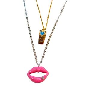 Pink Lips‎ & Whistle Charm Necklace Duo Gold & Silver Chains